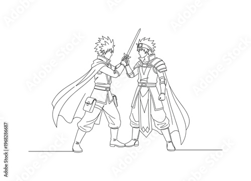 Anime Convention Pose. Minimalistic one-line drawing two cosplayers in character stance together, continuous single black line on white background, simple