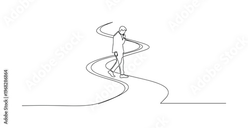 Winding Soul Path. Minimalistic one-line drawing silhouette walking along curving path in abstract landscape, continuous single black line on white background,