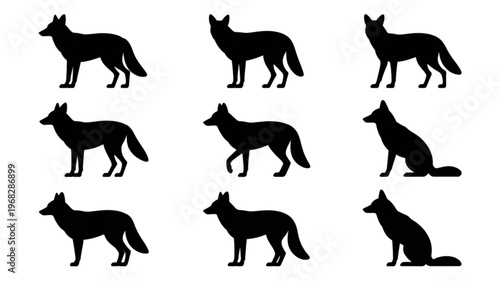 Nine black silhouette illustrations of coyotes in various poses Vector