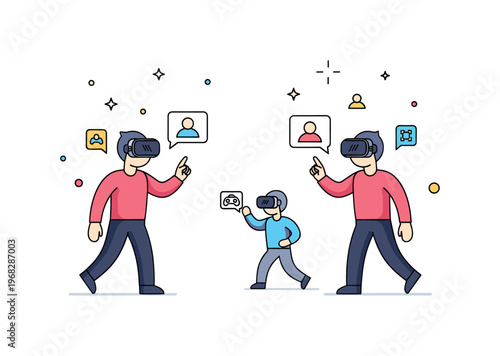 Digital avatars VR interaction scene where avatars move and gesture in a virtual environment while tiny sparkle and star icons highlight immersion, technology,
