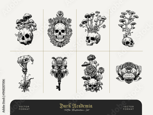 Dark Botanical Skull and Floral Vintage Engraving Collection