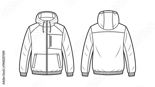 Stylish black and grey zip-up hooded jacket shown from front and back views Vector