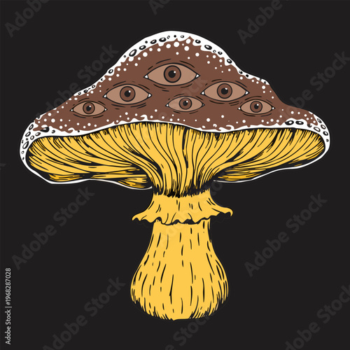 A vibrant red amanita mushroom vector illustration featuring a cartoon toadstool with white spots isolated on green forest grass with autumn leaves.