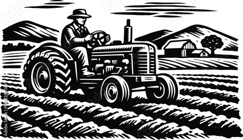 Bold Vintage Farmer Driving Tractor Illustration for Agriculture and Farm Design