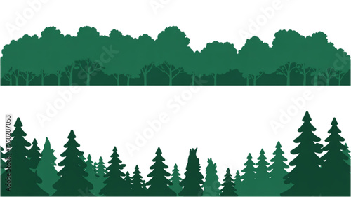 Lush green forest canopy with dense tree foliage along a horizontal divide Vector