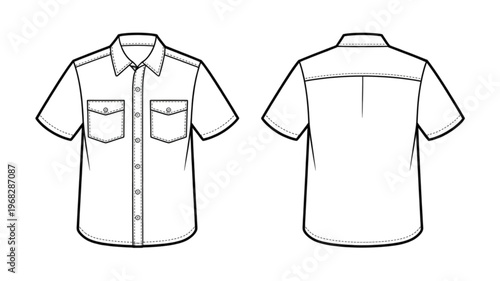 Comparison of short-sleeve button-up shirt designs with chest pockets and stitching variations Vector