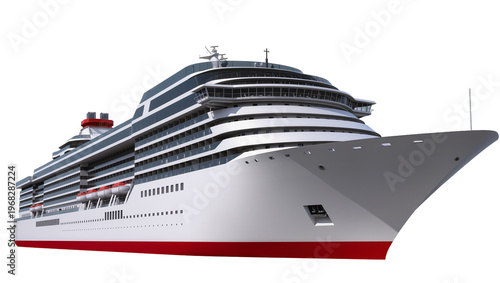 Massive modern cruise ship with multiple decks balconies and red hull, isolated on transparent background for travel advertising