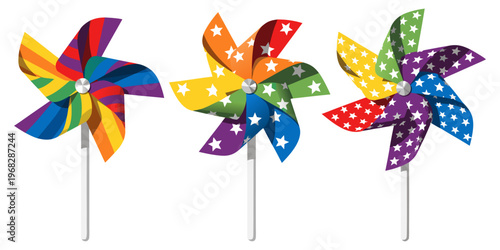 A plastic pinwheel toy with spinning paper blades in red, blue, and yellow isolated on white for fun wind play.