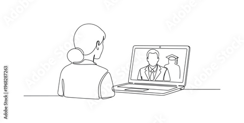 Online Education. Minimalistic one-line drawing individual watching professor on laptop screen, continuous single black line on white background, simple