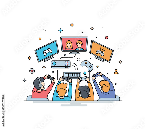 Gaming room setups multiplayer concept where friends gather around a console and screens while tiny sparkle and star icons highlight collaboration, fun, and