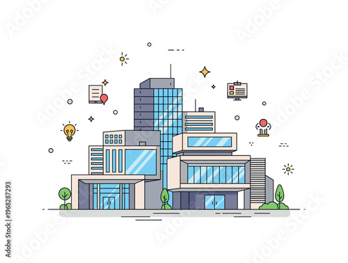 Modern architecture office building scene where a corporate structure features geometric forms and reflective surfaces while small sparkle and line icons