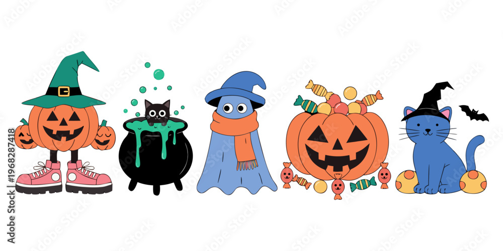 Fototapeta premium A cute cartoon Halloween set featuring a spooky orange pumpkin, a scary witch in a black hat, and an evil cat under a night sky filled with bats and ghosts in this autumn holiday vector illustration.