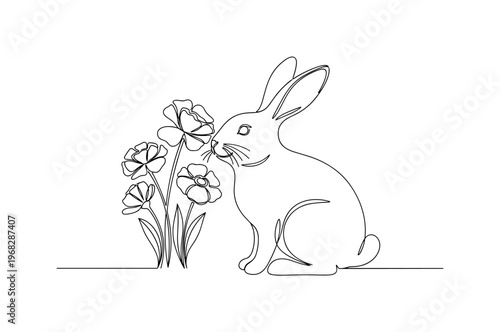 Rabbit and Flowers. Minimalistic one-line drawing bunny sniffing or sitting near flowers, continuous single black line on white background, simple outline