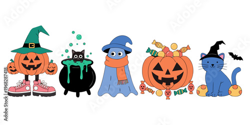A cute cartoon Halloween set featuring a spooky orange pumpkin, a scary witch in a black hat, and an evil cat under a night sky filled with bats and ghosts in this autumn holiday vector illustration.