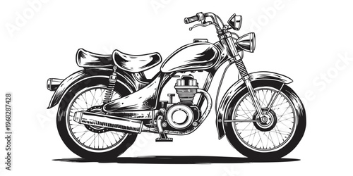 Red sport motorbike with chrome engine and black wheels isolated on a white background for fast transport and retro style.