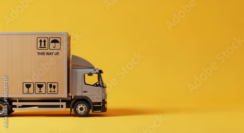 Delivery truck with cargo box and handling symbols on yellow background