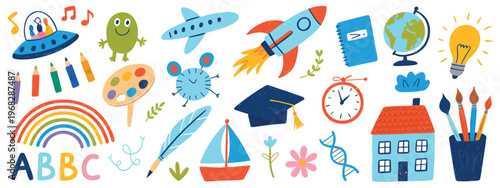 Education felt pen hand drawn vector illustrations collection showcasing childlike doodles and sketch elements, created with a marker-style aesthetic, ideal for worksheets, posters, children’s books, 