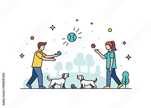 Throwing a ball dog park scene where people throw balls for dogs to fetch while small sparkle and line icons emphasize activity, companionship, and outdoor