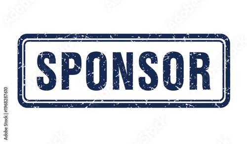 A rectangular blue 'sponsor' stamp with a distressed texture isolated on white background