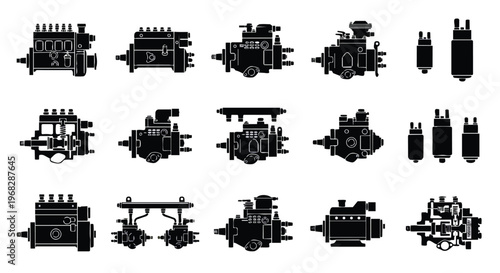 Set of black vector silhouettes featuring a medieval castle alongside industrial construction machinery including a truck, tractor, crane, and heavy excavator transport vehicle illustration