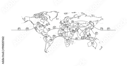 Global Shopping Flow. Minimalistic one-line drawing packages moving along routes connecting continents, continuous single black line on white background,