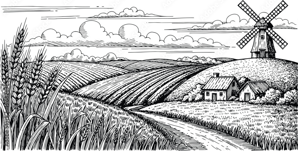 Fototapeta premium Serene Rural Farm Landscape Hand Drawn Pen and Ink Sketch Illustration