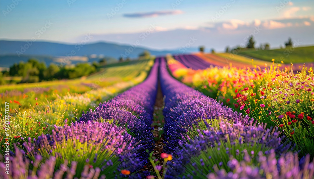 Fototapeta premium Countryside vacation, summer. Lavender fields in full bloom with vibrant colors and serene landscape