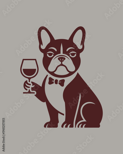 Sophisticated french bulldog wearing bowtie holding glass of red wine vector illustration for logo