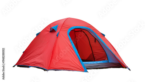 Bright red camping tent with blue trim and mesh window, isolated on transparent background for outdoor adventure graphics