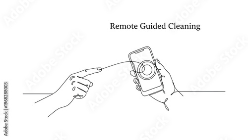Remote Guided Cleaning. Minimalistic one-line drawing hand holding smartphone directing robot vacuum, continuous single black line on white background, simple