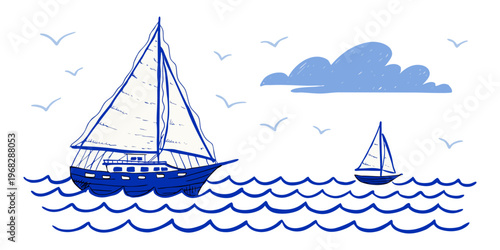 A nautical vector illustration of a sailing ship and sailboat cruising on blue summer ocean waves under a sunny sky for a travel adventure design.
