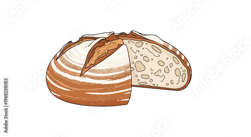 Artistic illustration of a rustic sourdough bread loaf with a slice removed showcasing its airy crumb and golden crust