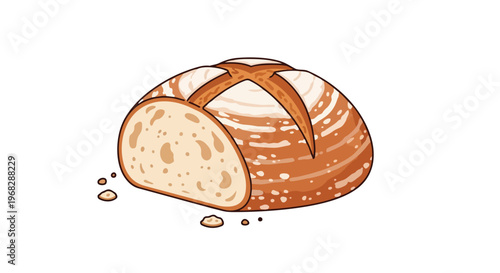Artistic Representation of a Sourdough Loaf with a Slice Cut Showing the Crumb Texture and Flour Dusting