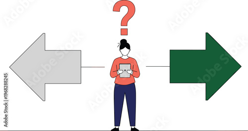 decision making concept, confused woman choosing direction, left or right arrow dilemma, business choice problem, uncertainty thinking, problem solving illustration