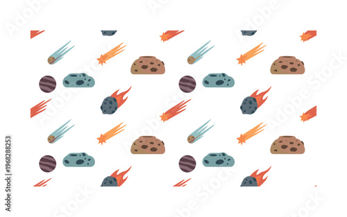 celestial motifs seamless pattern, repeating pattern, surface design, textile print, modern illustration of meteorites, asteroids, shooting stars, craters,