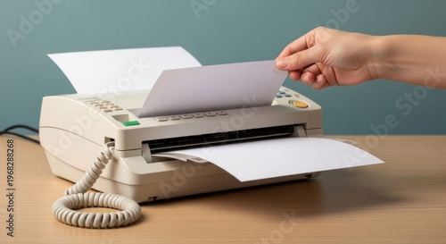 Hand feeding paper into an old-fashioned fax machine on a wooden desk