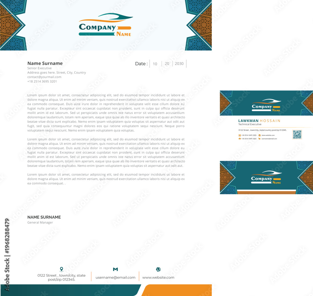 Fototapeta premium Business letterhead template with colorful geometric patterns and company information