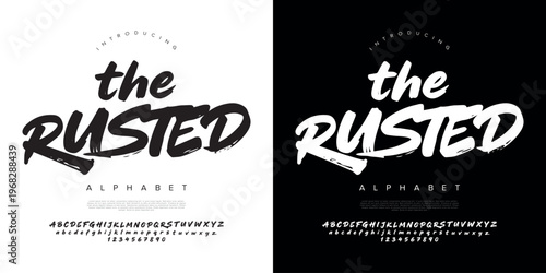 The Rusted display brush font with textured hand drawn alphabet and numbers for urban street style design