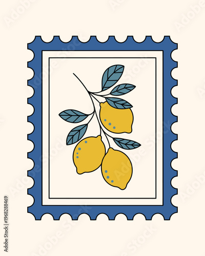Lemon fruit branch vintage postage stamp design with clean lines and modern flat color illustration