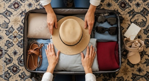 Hands packing a suitcase with clothes, hat, sandals, sunglasses, and shoes