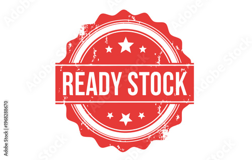Vibrant red 'ready stock' badge with stars a symbol of immediate availability and quality
