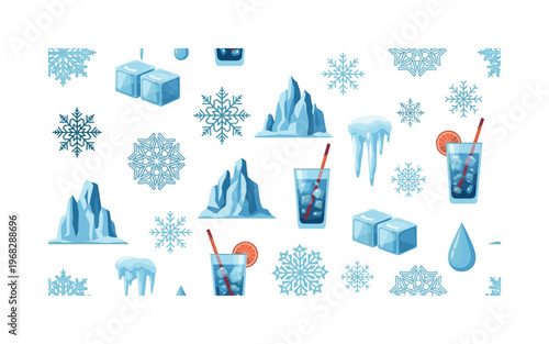 winter motifs seamless pattern, repeating pattern, surface design, textile print, modern illustration of ice cubes, frost patterns, snowflakes, glaciers,