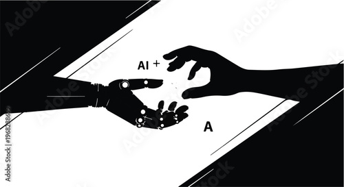 human hand touching robotic hand with AI text