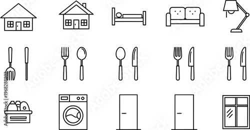 Domestic lifestyle icons showing house interior furniture bedroom dining kitchen utensils and home appliance symbols set.