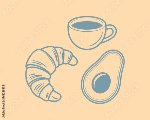 Minimalist breakfast set with croissant, coffee cup, and avocado vector illustration on solid background