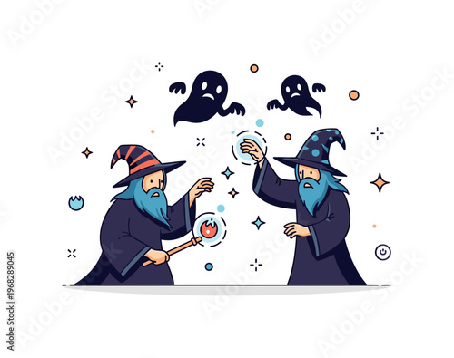 Evil sorcerers summoning scene where dark sorcerers conjure glowing spirits while tiny sparkle and star icons highlight magical danger, villainy, and mystical