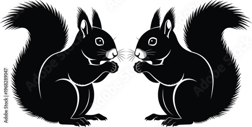 Squirrel illustration set, wildlife animal artwork design, nature vector motif, bold graphic icon, black white symmetry symbol