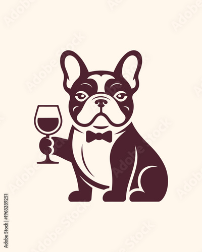 French bulldog in a bow tie holding a wine glass vector illustration on neutral background