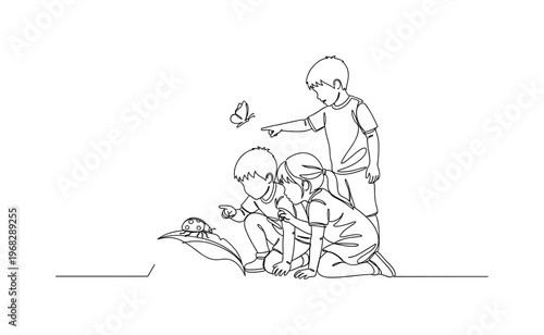 Environmental Awareness. Minimalistic one-line drawing children observing small animals or insects outdoors, continuous single black line on white background,