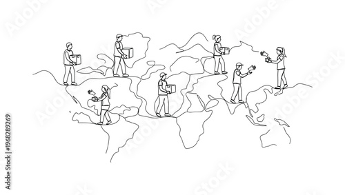 Disaster Relief Network. Minimalistic one-line drawing volunteers delivering aid across borders, continuous single black line on white background, simple